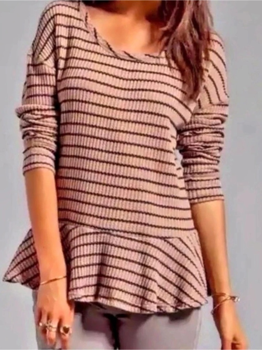 Free People We The Free Auntie Em Striped Waffle Knit Peplum Thermal Top Small